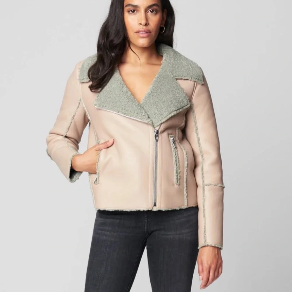 BLANK NYC NWOT Blush Pale Pink Sherpa Bonded Faux Leather Biker Moto Jacket - Picture 3 of 9